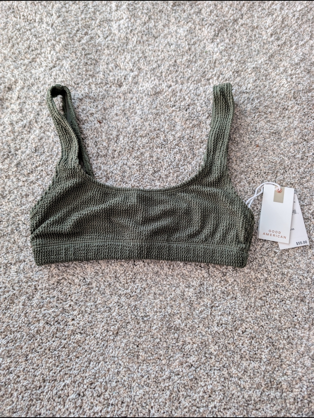 NWT Good American Always Fits Scoop Neck Bikini Top Olive Green XXS/XS
